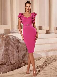 Đầm Chia phân lớp Ruffle phóng đại màu trơn Thanh lịch - Màu Hồng Tươi - Xem 1