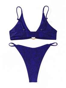 SHEIN Swim 斑点狗环扣吊带文胸和丁字裤 2 件套比基尼套装夏季海滩 - 藏蓝色 - 查看 2