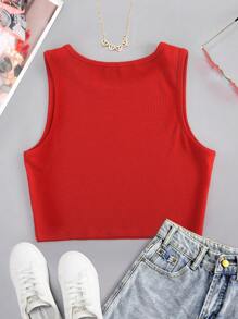 INAWLY Solid Crop Tank Top - Red - View 2