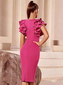 Đầm Chia phân lớp Ruffle phóng đại màu trơn Thanh lịch - Màu Hồng Tươi - Xem 2