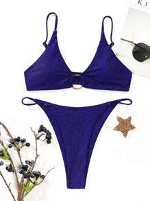 SHEIN Swim 斑点狗环扣吊带文胸和丁字裤 2 件套比基尼套装夏季海滩 - 藏蓝色 - 查看 3
