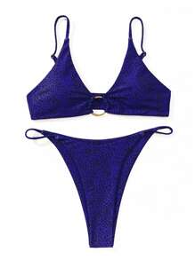 SHEIN Swim 斑点狗环扣吊带文胸和丁字裤 2 件套比基尼套装夏季海滩 - 藏蓝色 - 查看 4