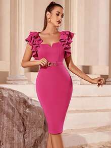 Đầm Chia phân lớp Ruffle phóng đại màu trơn Thanh lịch - Màu Hồng Tươi - Xem 4