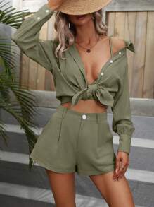 Breezaya Solid Cami Top & Shorts & Button Up Shirt - Army Green - View 3