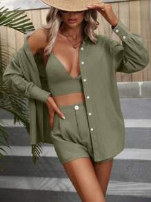 Breezaya Solid Cami Top & Shorts & Button Up Shirt - Army Green - View 4