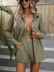 Breezaya Solid Cami Top & Shorts & Button Up Shirt - Army Green - View 5
