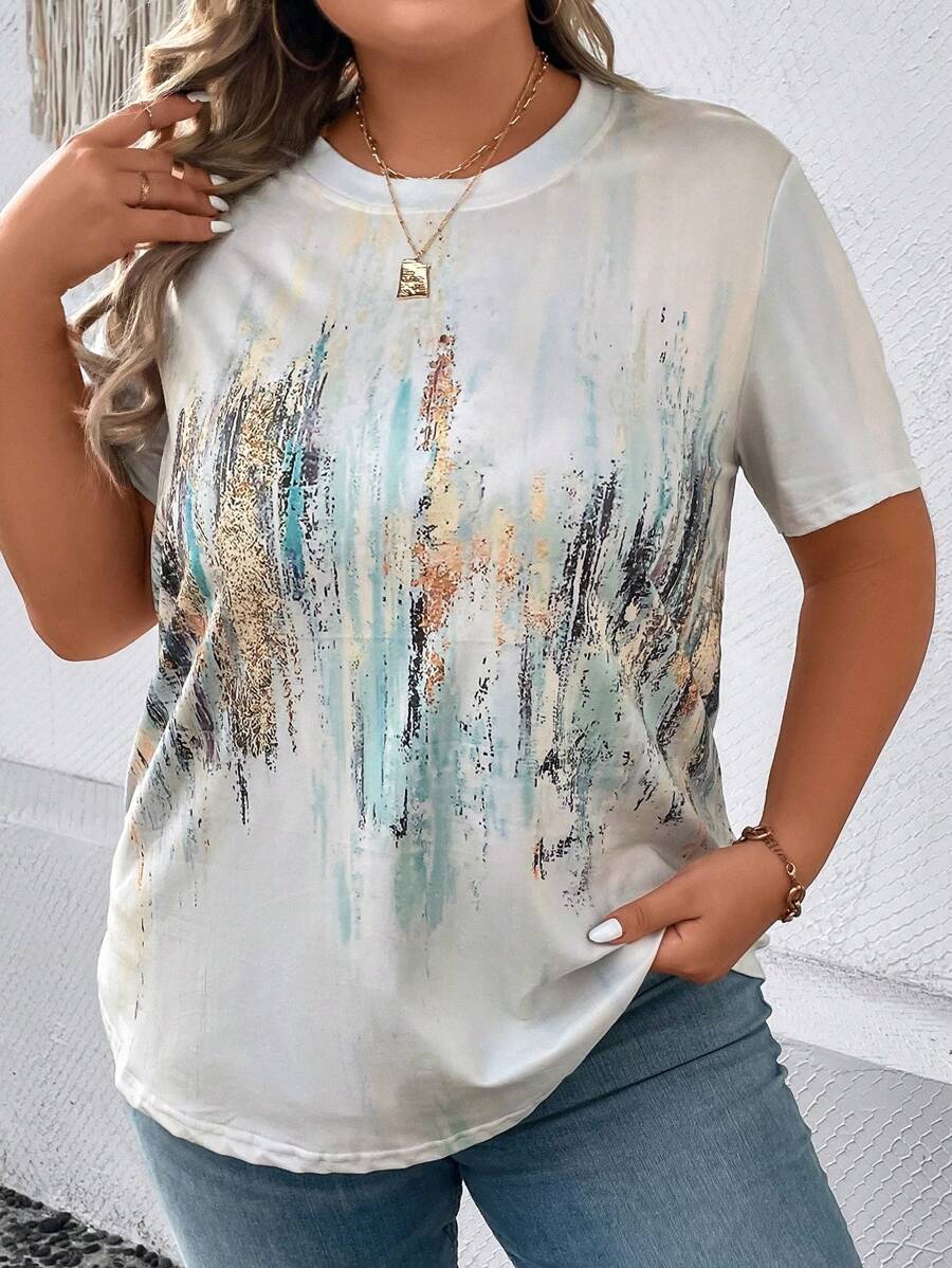 SHEIN LUNE 大碼圖案印花T恤 - 淺藍色 - 查看 1