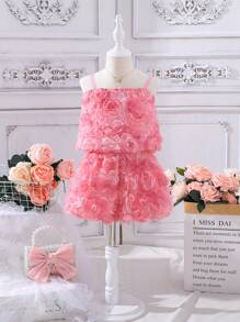 SHEIN 小女童貼花吊帶上衣和短褲套裝 - 粉色 - 查看 1