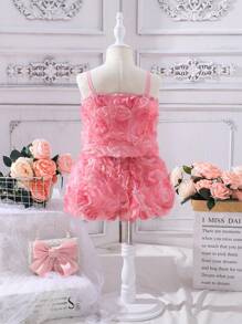 SHEIN 小女童貼花吊帶上衣和短褲套裝 - 粉色 - 查看 2