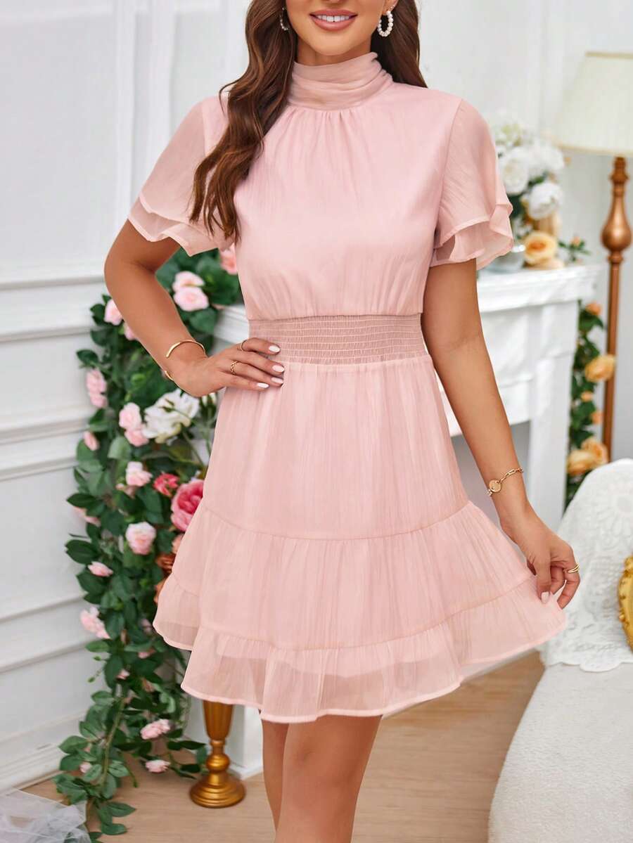 SHEIN Frenchy 小高領荷葉邊連衣裙 - 粉色 - 查看 1