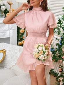 SHEIN Frenchy 小高領荷葉邊連衣裙 - 粉色 - 查看 5