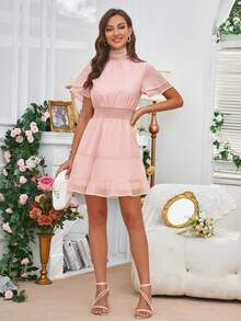 SHEIN Frenchy 小高領荷葉邊連衣裙 - 粉色 - 查看 6