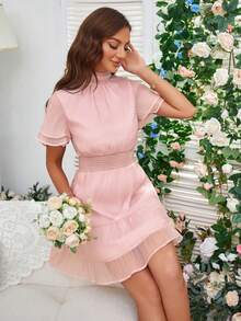 SHEIN Frenchy 小高領荷葉邊連衣裙 - 粉色 - 查看 7