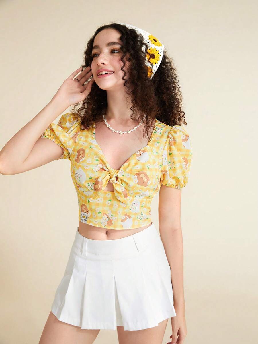 SHEIN X MOLANG 卡通和印花前打結泡泡袖襯衫 - 彩色 - 查看 1