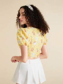 SHEIN X MOLANG 卡通和印花前打結泡泡袖襯衫 - 彩色 - 查看 2