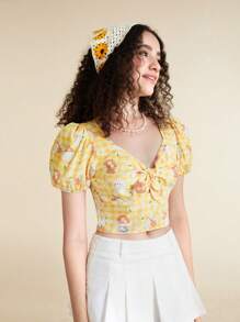 SHEIN X MOLANG 卡通和印花前打結泡泡袖襯衫 - 彩色 - 查看 4