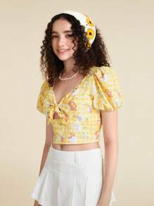 SHEIN X MOLANG 卡通和印花前打結泡泡袖襯衫 - 彩色 - 查看 5