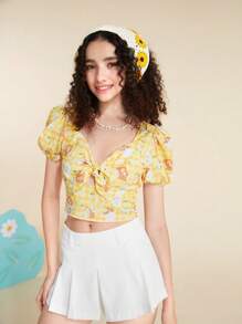 SHEIN X MOLANG 卡通和印花前打結泡泡袖襯衫 - 彩色 - 查看 6