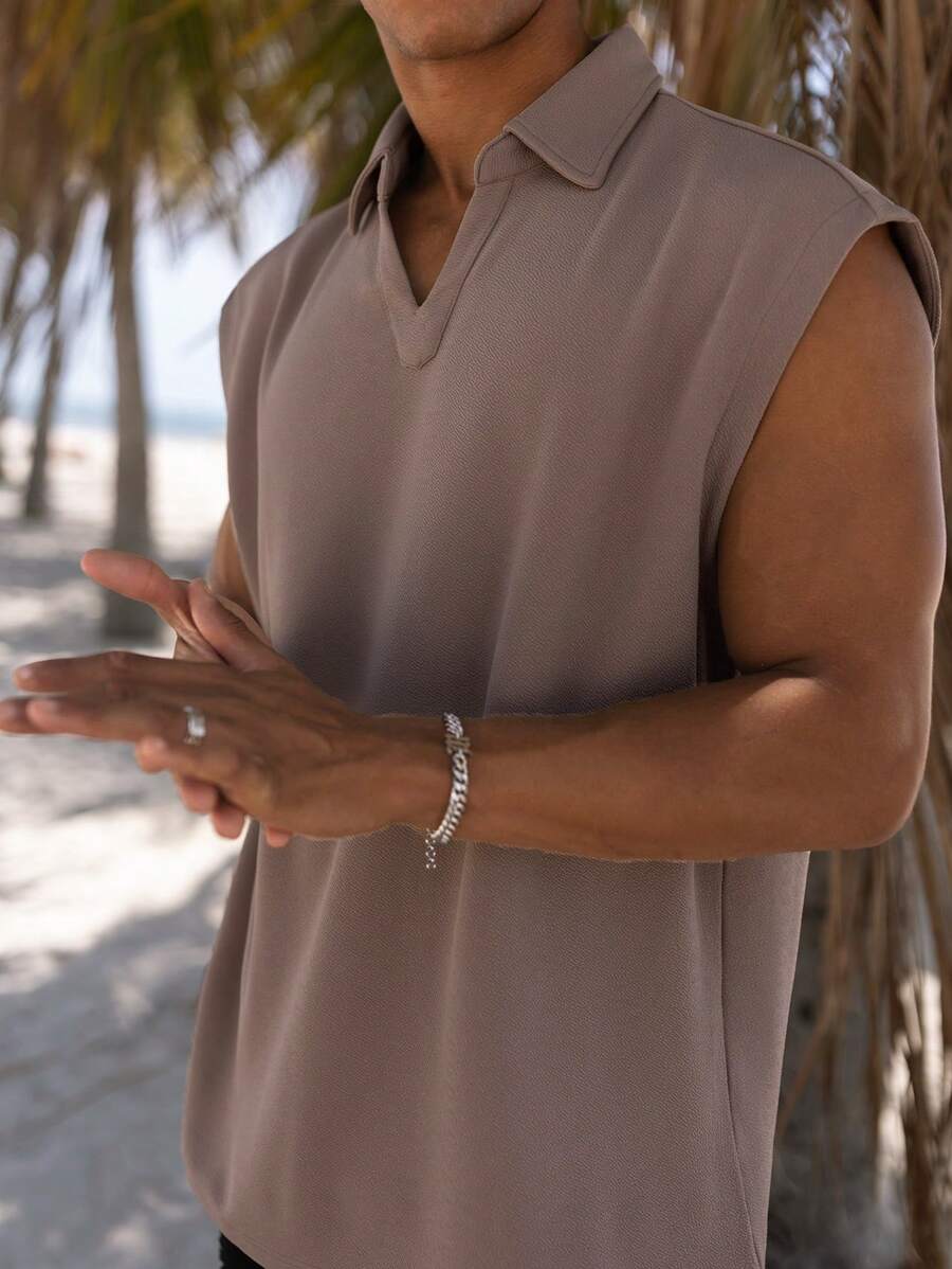 Manfinity Homme Nam Lỏng lẻo phù hợp Màu thuần Không tay Áo polo - Màu nâu  Mocha - Xem 1