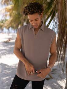 Manfinity Homme Nam Lỏng lẻo phù hợp Màu thuần Không tay Áo polo - Màu nâu  Mocha - Xem 5