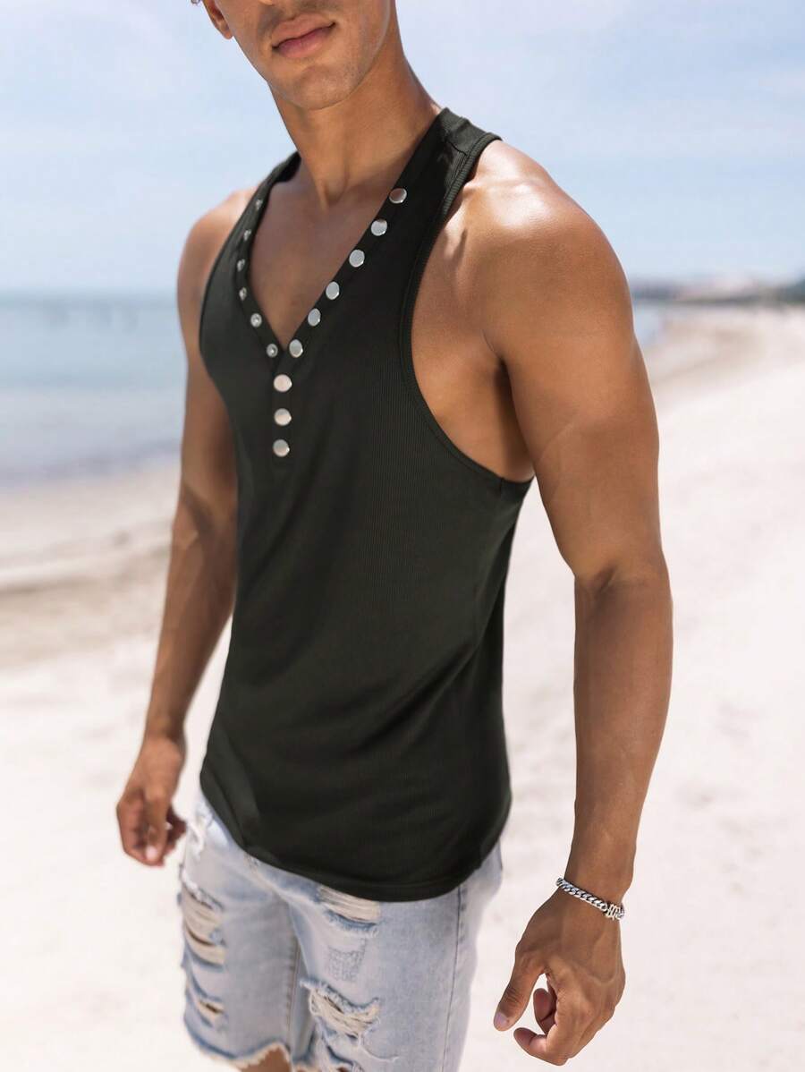 Manfinity Homme Áo thun & Áo lót Nam Nút màu trơn Giải trí - màu đen - Xem 1