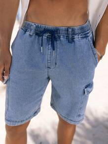 Manfinity Hypemode 男士棉側翻蓋口袋腰部抽繩工裝短褲 - 淺色水洗藍 - 查看 1