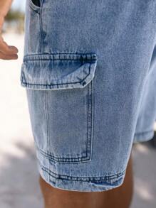 Manfinity Hypemode 男士棉側翻蓋口袋腰部抽繩工裝短褲 - 淺色水洗藍 - 查看 3