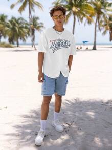 Manfinity Hypemode 男士棉側翻蓋口袋腰部抽繩工裝短褲 - 淺色水洗藍 - 查看 5