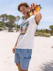 Manfinity Hypemode 男士棉側翻蓋口袋腰部抽繩工裝短褲 - 淺色水洗藍 - 查看 6