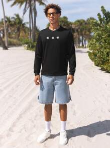 Manfinity Homme 男士棉花卉刺繡運動衫 - 黑色 - 查看 2