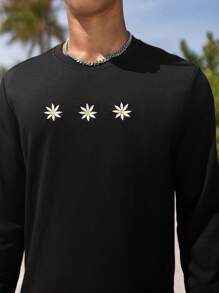 Manfinity Homme 男士棉花卉刺繡運動衫 - 黑色 - 查看 4