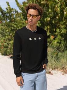 Manfinity Homme 男士棉花卉刺繡運動衫 - 黑色 - 查看 6