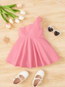 SHEIN Baby Girl One Shoulder Scallop Edge Dress - Comfortable, Cute And Sweet, Suitable For Summer - Hot Pink - View 1