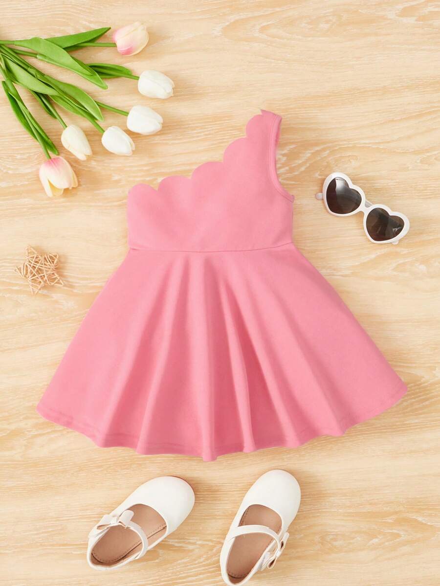 SHEIN Baby Girl One Shoulder Scallop Edge Dress - Comfortable, Cute And Sweet, Suitable For Summer - Hot Pink - View 1