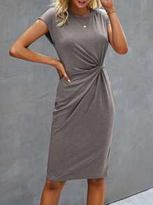 SHEIN Clasi Twist Front Batwing Sleeve Fitted Dress - Grey - View 1