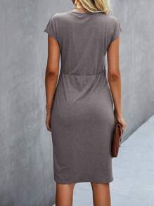 SHEIN Clasi Twist Front Batwing Sleeve Fitted Dress - Grey - View 2