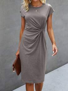 SHEIN Clasi Twist Front Batwing Sleeve Fitted Dress - Grey - View 3