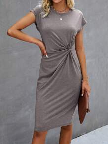 SHEIN Clasi Twist Front Batwing Sleeve Fitted Dress - Grey - View 4