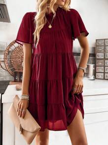 SHEIN LUNE 素色多層下擺娃娃裙 - 酒紅色 - 查看 3