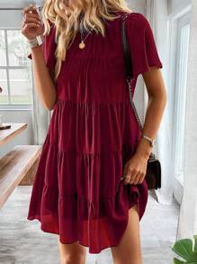 SHEIN LUNE 素色多層下擺娃娃裙 - 酒紅色 - 查看 5