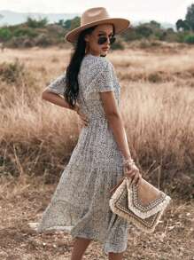 SHEIN Holidaya Allover Print Button Front Split Thigh Ruffle Hem Dress Maxi Vacation Beach Outfits Women - White - View 2