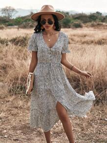 SHEIN Holidaya Allover Print Button Front Split Thigh Ruffle Hem Dress Maxi Vacation Beach Outfits Women - White - View 3