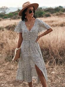 SHEIN Holidaya Allover Print Button Front Split Thigh Ruffle Hem Dress Maxi Vacation Beach Outfits Women - White - View 5