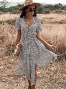 SHEIN Holidaya Allover Print Button Front Split Thigh Ruffle Hem Dress Maxi Vacation Beach Outfits Women - White - View 6