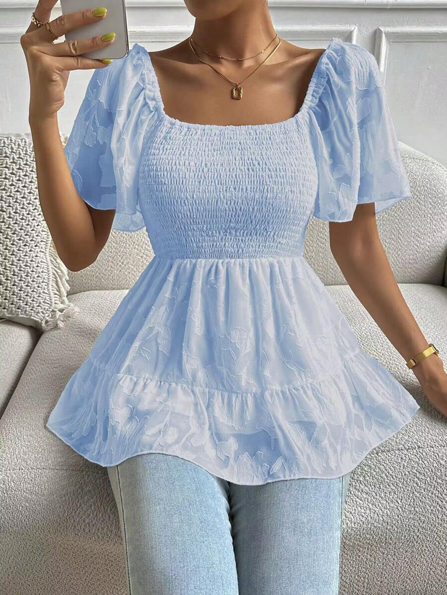 SHEIN Privé Áo sơ mi nữ Viên lá sen Dải chun màu trơn Giải trí - Màu xanh nhạt - Xem 1