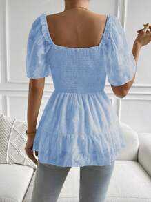 SHEIN Privé Áo sơ mi nữ Viên lá sen Dải chun màu trơn Giải trí - Màu xanh nhạt - Xem 2