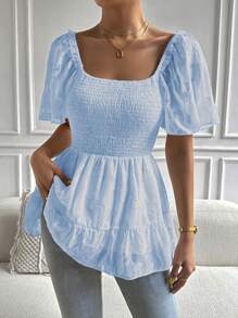 SHEIN Privé Áo sơ mi nữ Viên lá sen Dải chun màu trơn Giải trí - Màu xanh nhạt - Xem 3