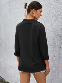 SHEIN LUNE Áo sơ mi nữ Bất đối xứng Nút phía trước Hoa Giải trí - màu đen - Xem 2