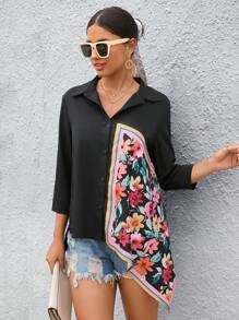 SHEIN LUNE Áo sơ mi nữ Bất đối xứng Nút phía trước Hoa Giải trí - màu đen - Xem 3