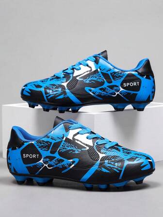 男孩字母圖案繫帶足球運動鞋適用於戶外